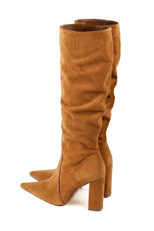 Dress custom-made formal knee-high boots in camel beige leather with high block heels and pointed toe - Rear view